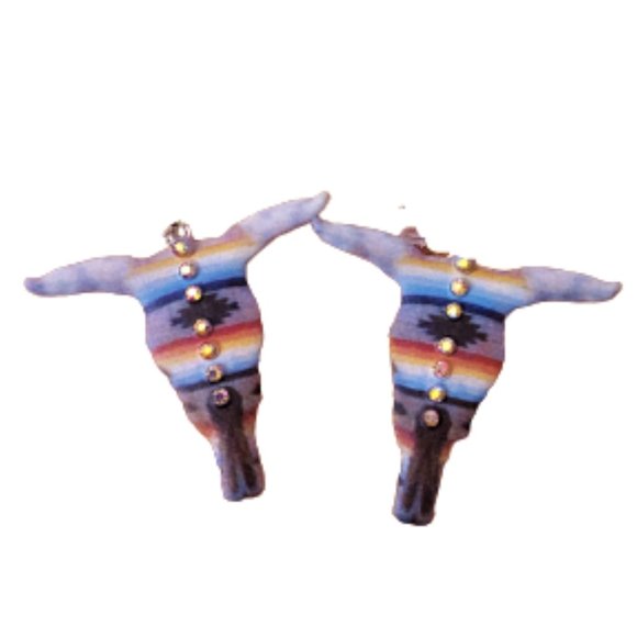 Large bull cow head Southwestern Western cow girl dangle earrings - Picture 4 of 8